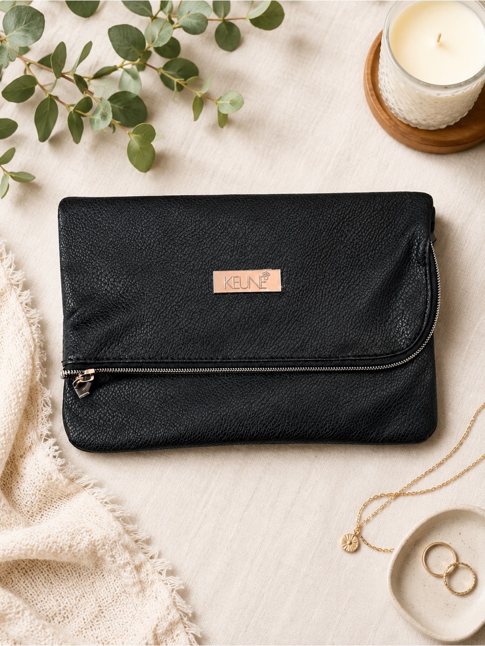 Keune Foldover Travel Case | Black Cosmetic Pouch w/ Zip Closure